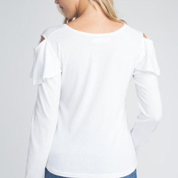 Cold Shoulder Ruffle Long Sleeve Top- White - Picture 3 of 5